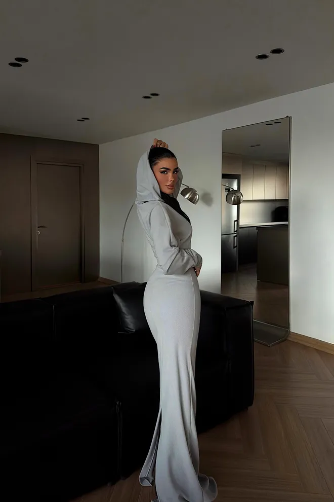 EYYO ATELIER Grey Sheath Dress With Hooded Neck And Long Sleeves Wholesale Clothing Spring