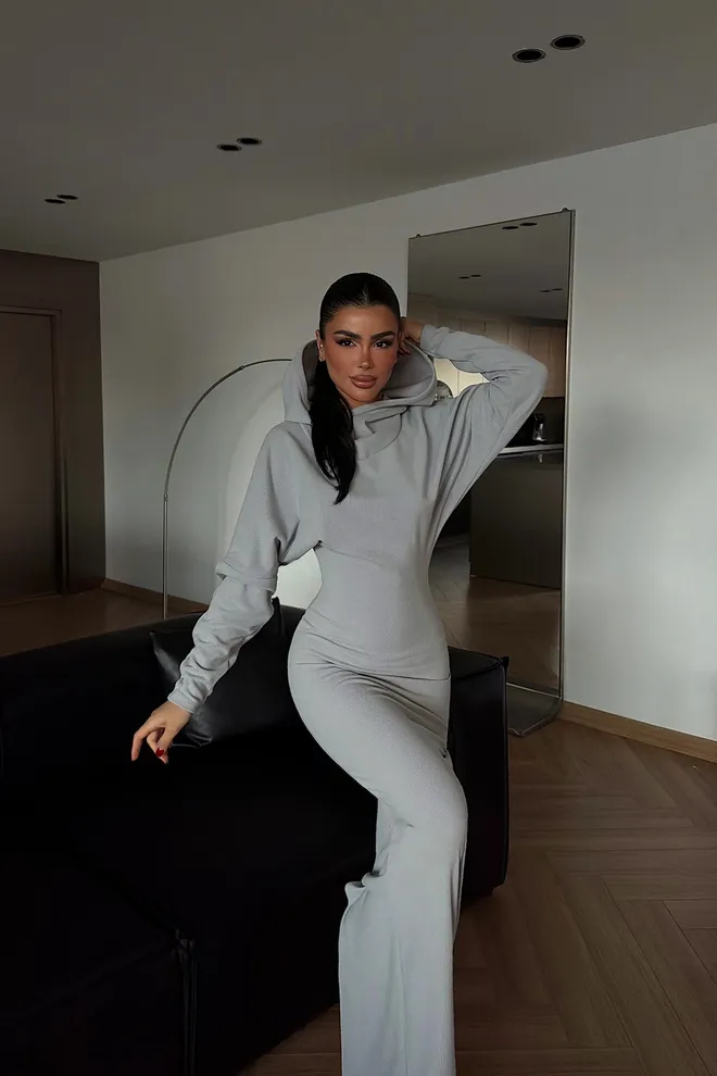 EYYO ATELIER Grey Sheath Dress With Hooded Neck And Long Sleeves Wholesale Clothing Lounge