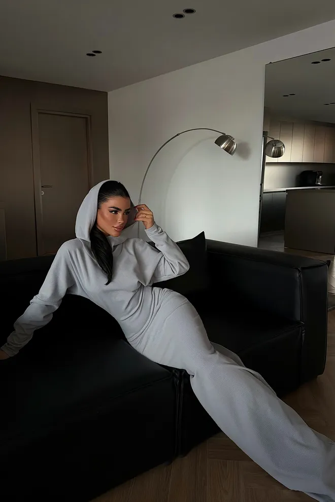 EYYO ATELIER Grey Sheath Dress With Hooded Neck And Long Sleeves Wholesale Clothing 1