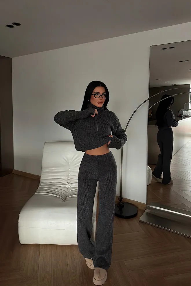 EYYO ATELIER Pilkas Kasdienis Gatvės Stilius Palazzo Komplektas Didmeninė prekyba drabužiais Metalo spalvos siūlai