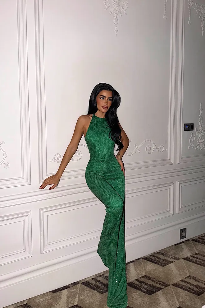 EYYO ATELIER Combinaison Verte À Paillettes Slim Fit Col Licou Vêtements en gros Sexy