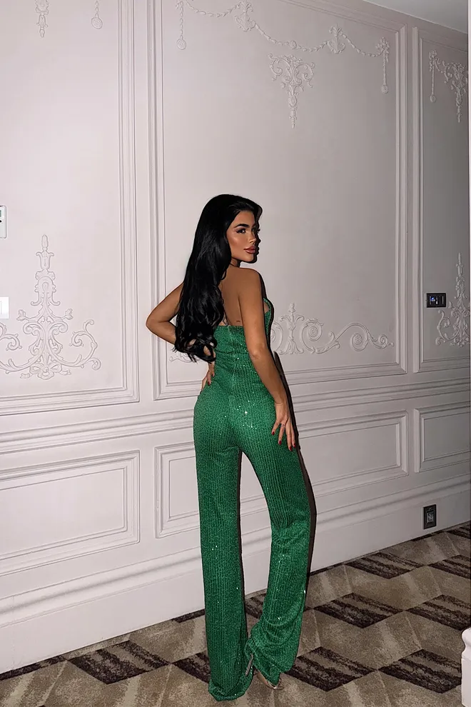 EYYO ATELIER Groene Pailletten Slim Fit Halter Hals Jumpsuit Met Kapmouw Groothandel Kleding Lente