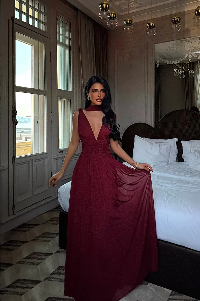 EYYO ATELIER Vestido Rojo Clarete Elegante Línea A Ropa al por mayor Navidad