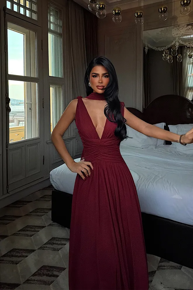 EYYO ATELIER Vestido Rojo Clarete Elegante Línea A Ropa al por mayor 1