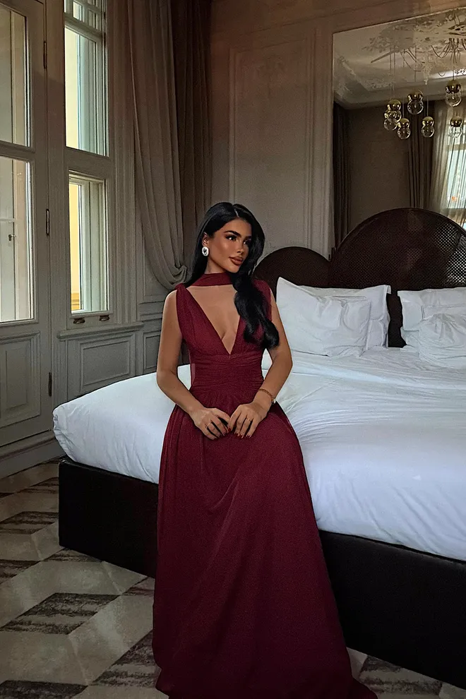 EYYO ATELIER Vestido Rojo Clarete Elegante Línea A Ropa al por mayor Sexy