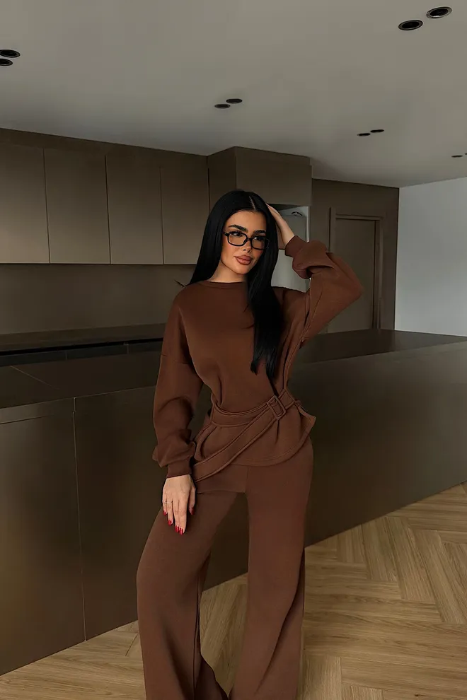 EYYO ATELIER Ensemble Brun Décontracté Élégant Streetwear Palazzo Vêtements en gros Décontracté