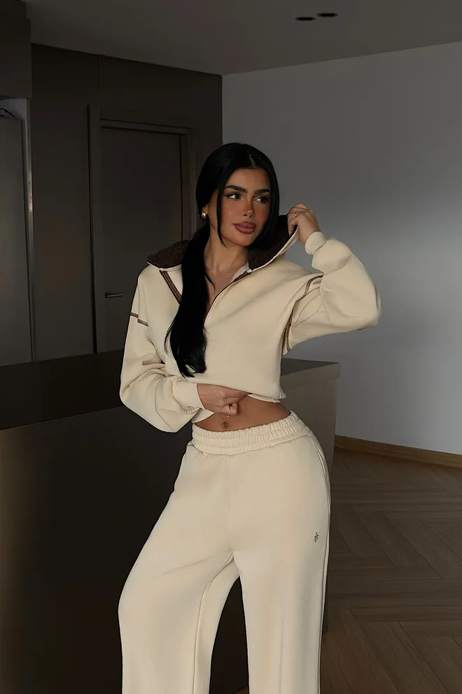 EYYO ATELIER Beige Casual Sport Streetwear Set Wholesale Clothing Casual