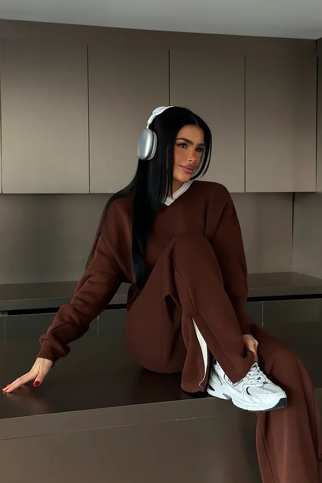 EYYO ATELIER Brown Casual Sport Set With Palazzo Pants Wholesale Clothing Casual