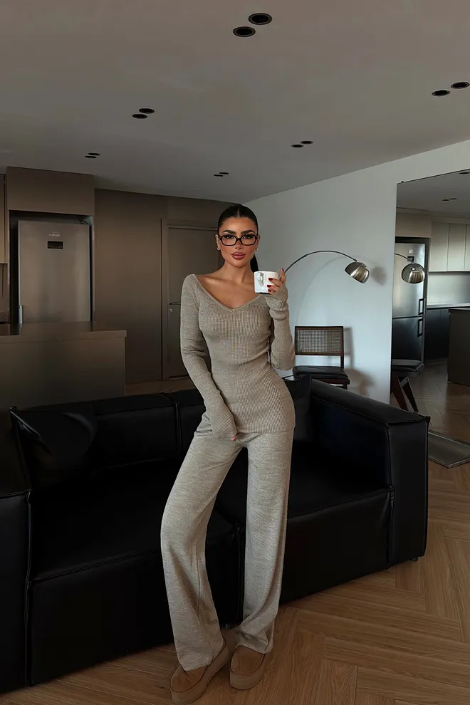 EYYO ATELIER Set Bej Casual Elegant Cu Pantaloni Palazzo Îmbrăcăminte cu ridicata 1