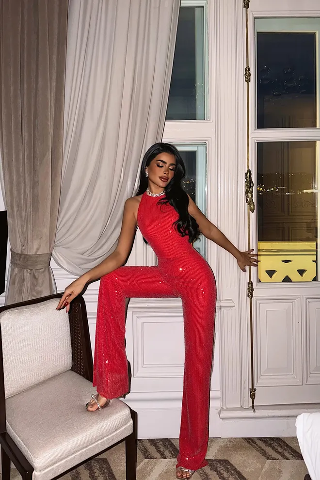 EYYO ATELIER Mono Rojo Sexy Glam Elegante Formal Sin Mangas Con Lentejuelas Ropa al por mayor Navidad