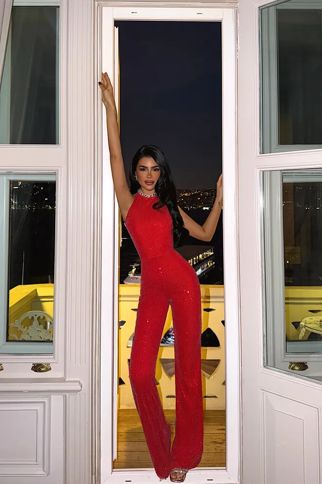 EYYO ATELIER Combinaison Rouge Sexy Glamour Élégante Formelle Sans Manches À Paillettes Vêtements en gros Sexy