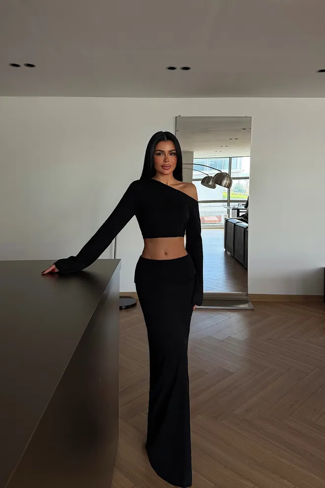 EYYO ATELIER Rinkinys Juodas Elegantiškas Undinėlės Maxi Sijonas Didmeninė prekyba drabužiais Čiuožėjos