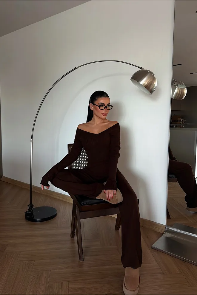 EYYO ATELIER Set Maro Slim Fit Palazzo Cu Decolteu Fără Umeri Îmbrăcăminte cu ridicata Casual