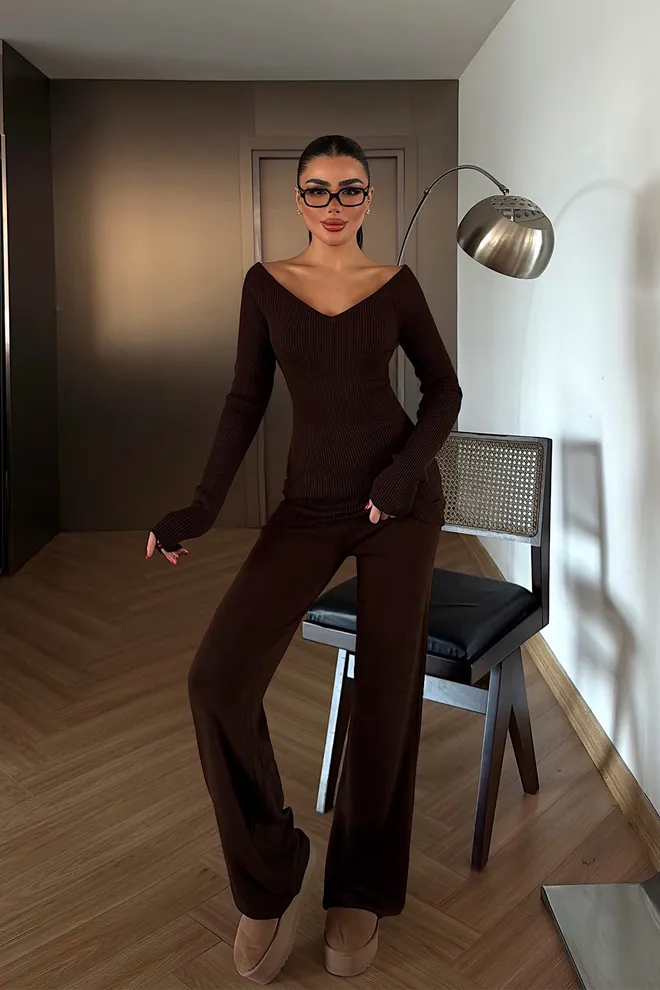 EYYO ATELIER Set Maro Slim Fit Palazzo Cu Decolteu Fără Umeri Îmbrăcăminte cu ridicata 1