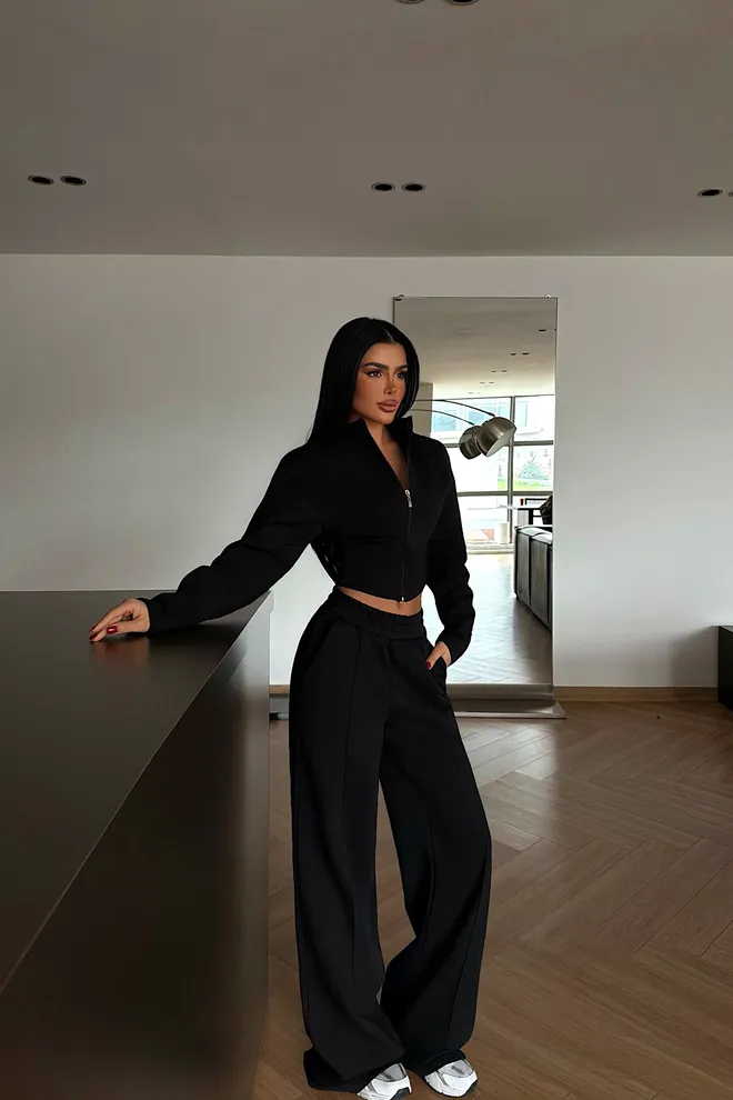 EYYO ATELIER Black Casual Streetwear Jogger Set Wholesale Clothing Lounge