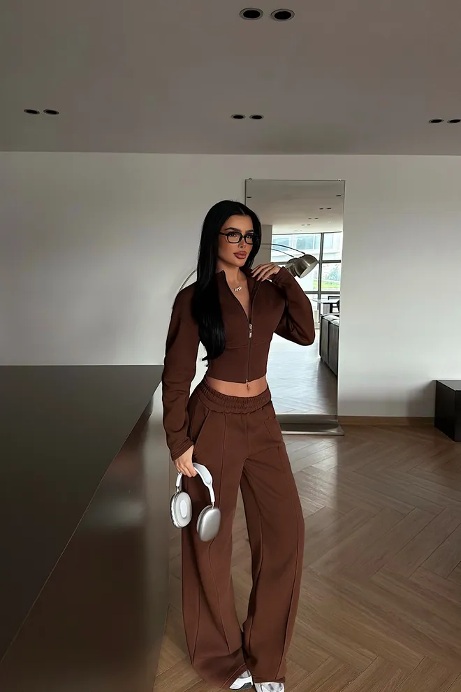 EYYO ATELIER Brown Casual Sport Set With Wide Leg Palazzo Pants Wholesale Clothing Casual