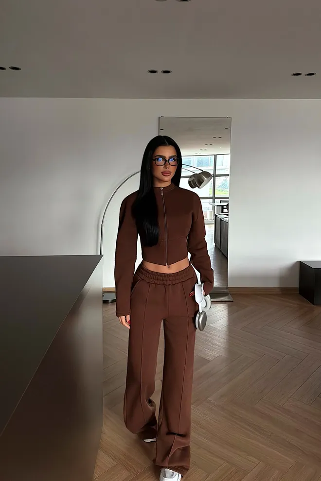 EYYO ATELIER Brown Casual Sport Set With Wide Leg Palazzo Pants Wholesale Clothing Lounge