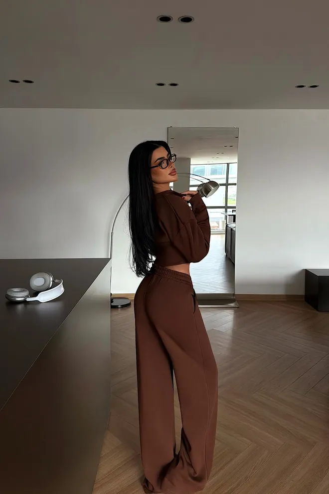 EYYO ATELIER Brown Casual Sport Set With Wide Leg Palazzo Pants Wholesale Clothing Spring