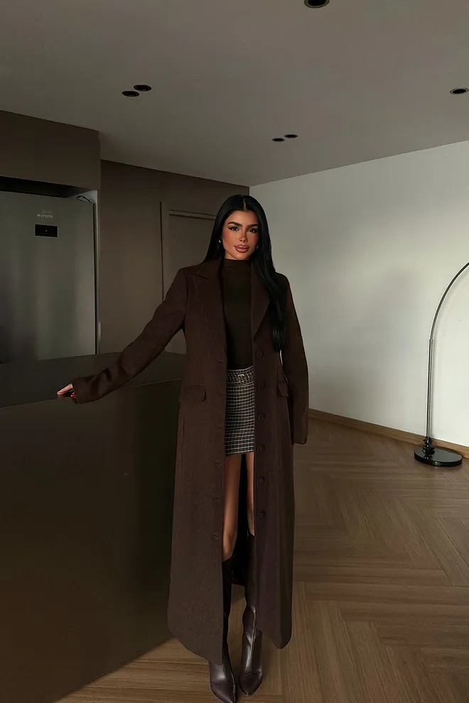 EYYO ATELIER Abrigo Marrón Elegante De Un Solo Pecho Y Largo Ropa al por mayor 1