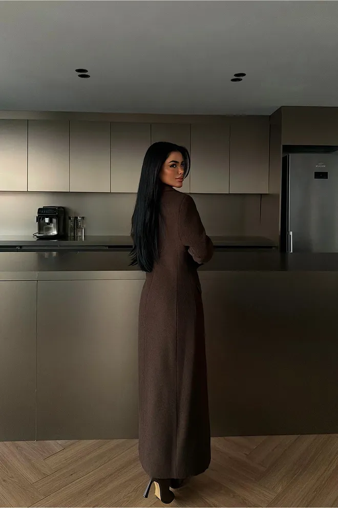 EYYO ATELIER Abrigo Marrón Elegante De Un Solo Pecho Y Largo Ropa al por mayor Otoño