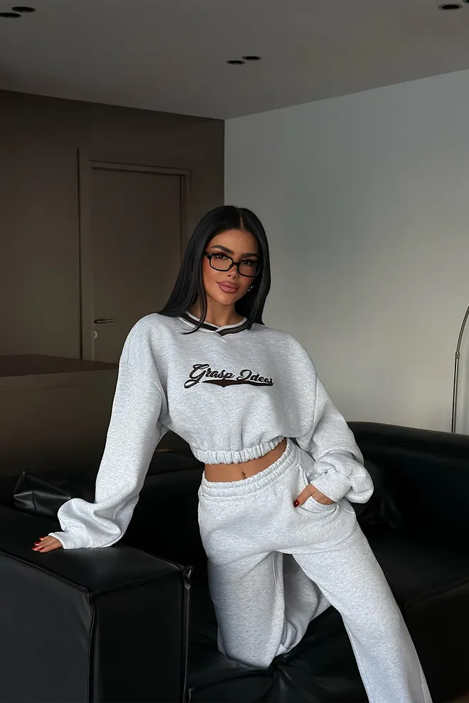 EYYO ATELIER Сив Небрежен Спортен Комплект С Широки Крачоли И Средна Талия Дрехи на едро Небрежен