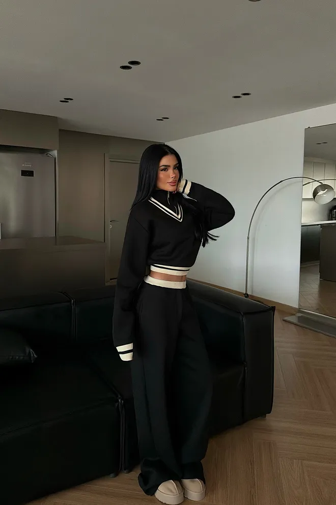 EYYO ATELIER Black Set Over sized V Neck Palazzo Pants Wholesale Clothing Lounge