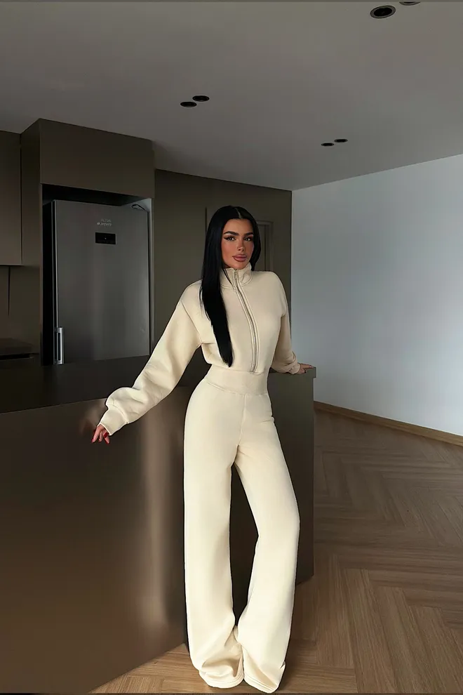 EYYO ATELIER Beige Sweatshirt Jumpsuit Mit Reißverschluss Großhandelskleidung Lässig