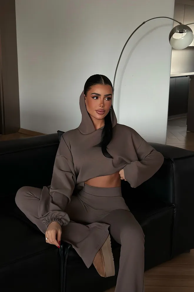 EYYO ATELIER Kahverengi Gündelik Spor Giyim Sokak Tarzı Set Toptan Giyim 1