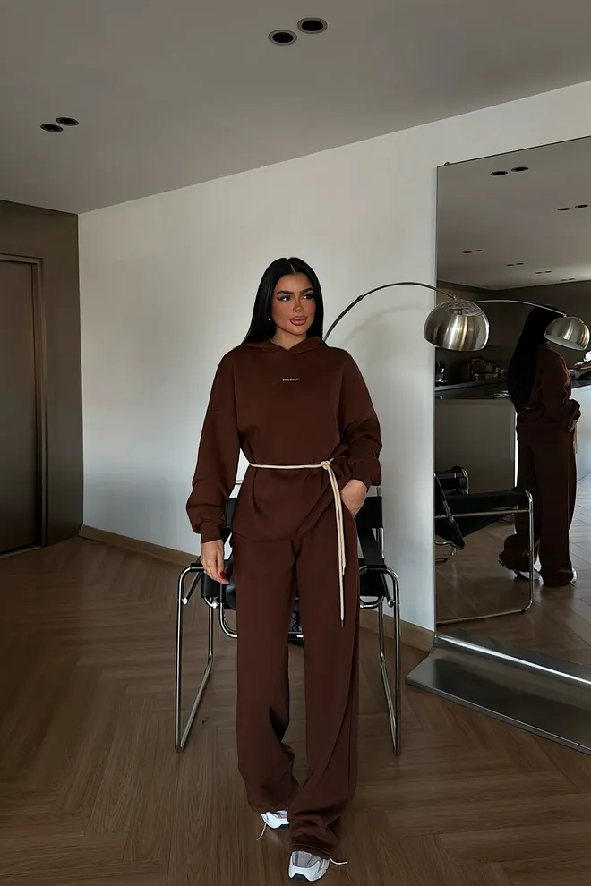 EYYO ATELIER Brown Casual Sport Set With Asymmetrical Mini Skirt Wholesale Clothing Casual