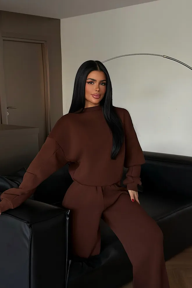 EYYO ATELIER Rjav Ležerno Šport Skromno Set Oblačila na debelo Skromno