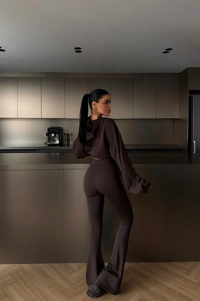 EYYO ATELIER Kahverengi Günlük Dar Kalıp Seti Geniş Etek Ve Çizme Pantolonlu Toptan Giyim Ev Hali