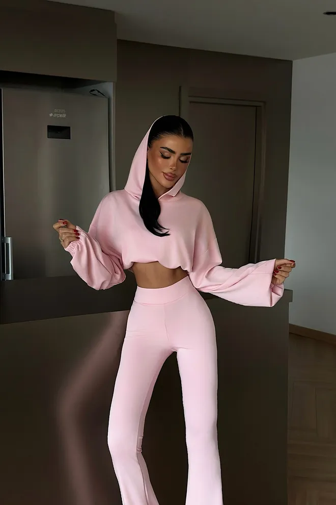 EYYO ATELIER Pembe Gündelik Spor Seti Kapüşonlu & İspanyol Paça Pantolonlu Toptan Giyim 1