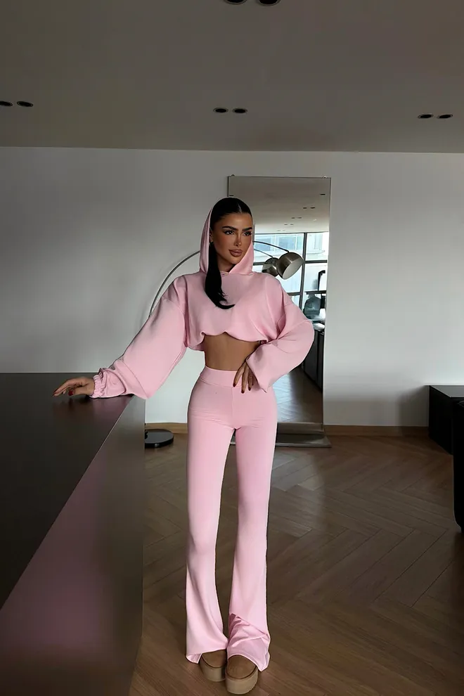 EYYO ATELIER Pembe Gündelik Spor Seti Kapüşonlu & İspanyol Paça Pantolonlu Toptan Giyim Bahar