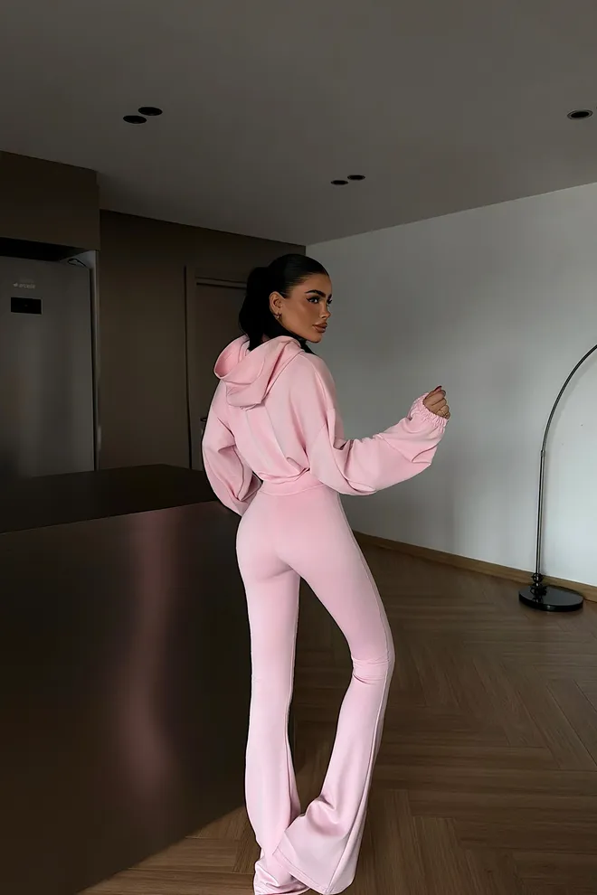 EYYO ATELIER Pembe Gündelik Spor Seti Kapüşonlu & İspanyol Paça Pantolonlu Toptan Giyim Sahil Giyim