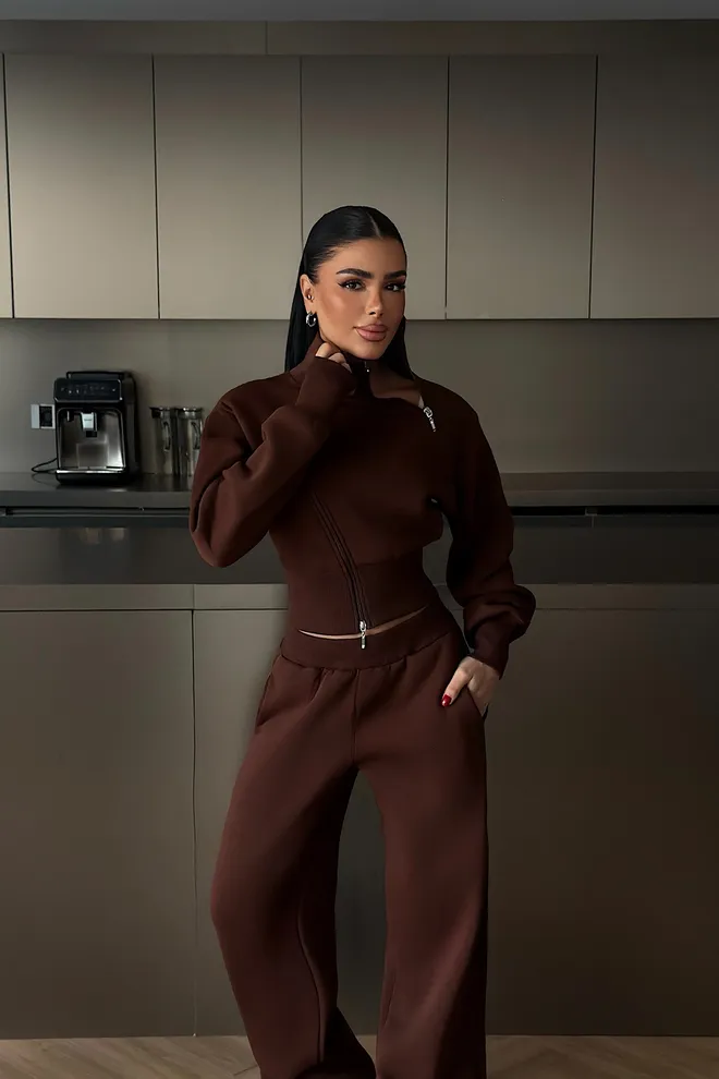 EYYO ATELIER Kahverengi Eşofman Takımı Fermuarlı Ve Geniş Paça Palazzo Pantolonlu Toptan Giyim 1