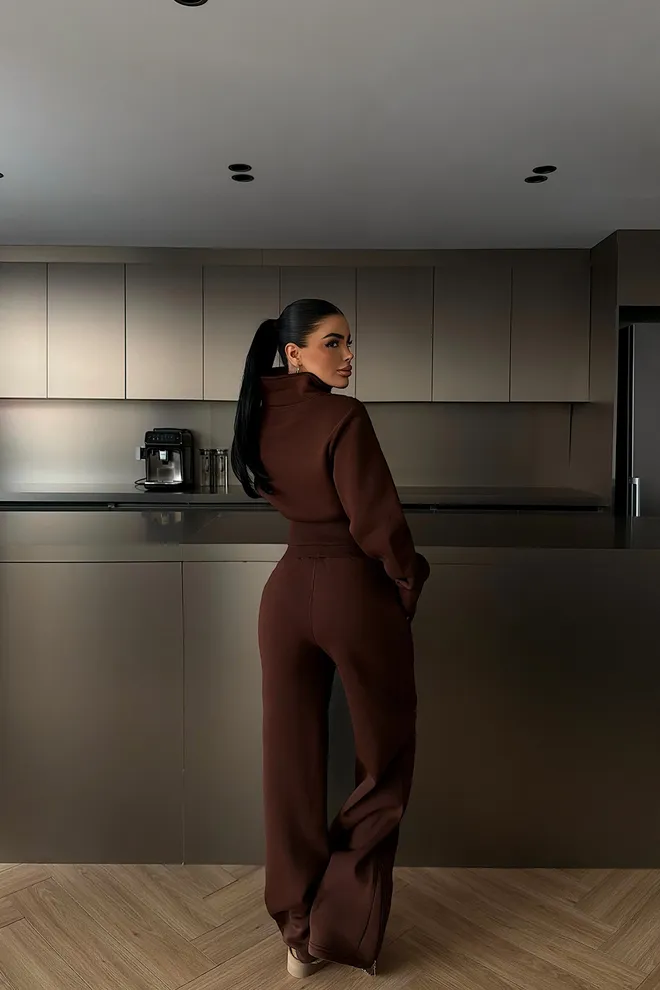 EYYO ATELIER Kahverengi Eşofman Takımı Fermuarlı Ve Geniş Paça Palazzo Pantolonlu Toptan Giyim Bahar