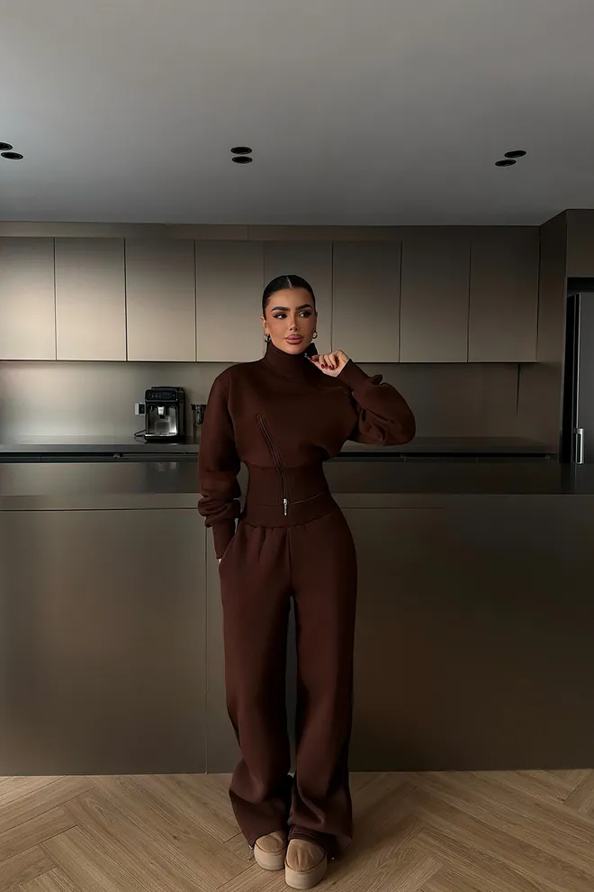 EYYO ATELIER Kahverengi Eşofman Takımı Fermuarlı Ve Geniş Paça Palazzo Pantolonlu Toptan Giyim Ev Hali