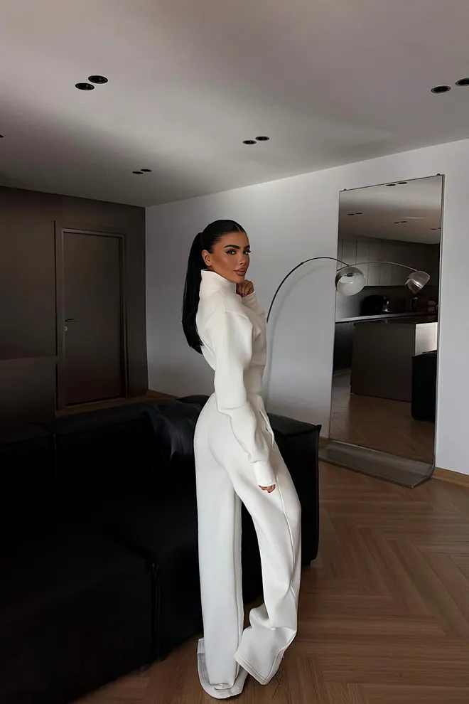 EYYO ATELIER Beyaz Eşofman Takımı İspanyol Paça Palazzo Pantolonla Toptan Giyim Bahar