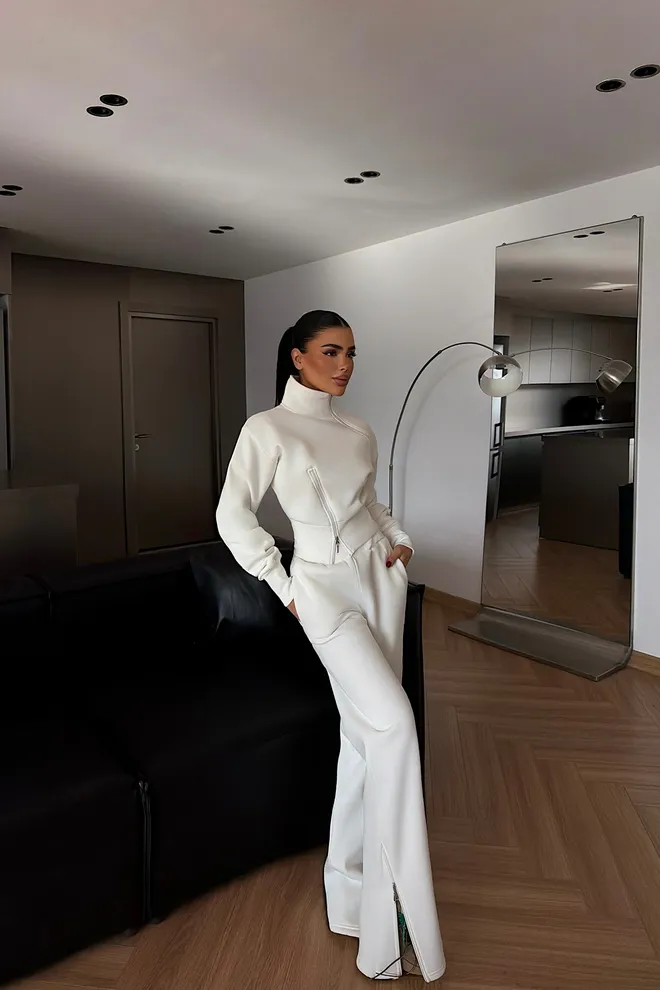 EYYO ATELIER Beyaz Eşofman Takımı İspanyol Paça Palazzo Pantolonla Toptan Giyim Ev Hali