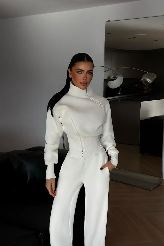 EYYO ATELIER Beyaz Eşofman Takımı İspanyol Paça Palazzo Pantolonla Toptan Giyim 1