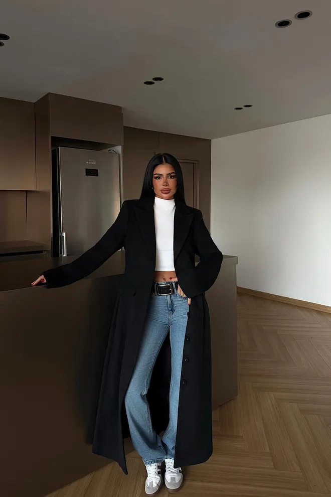 EYYO ATELIER Čierny Elegantný Jednorzadový Kabát S Vrúbkovaným Golierom Veľkoobchod s oblečením Práca