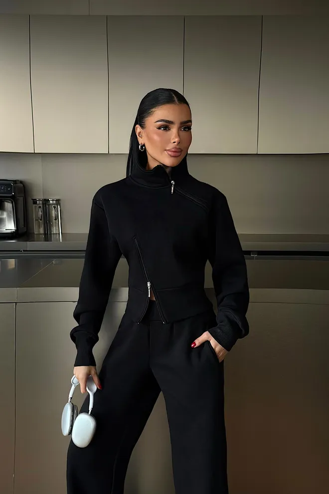 EYYO ATELIER Siyah Balıkçı Yaka Ve Geniş Paça Palazzo Pantolonlu Eşofman Takımı Toptan Giyim Ev Hali