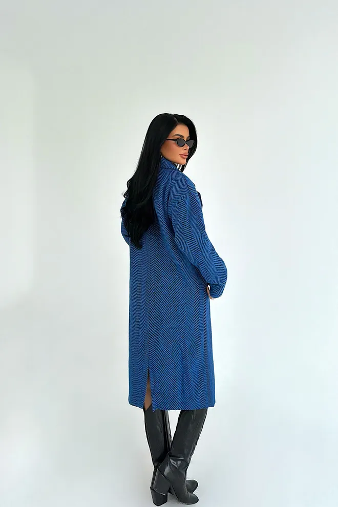 EYYO ATELIER Blue Single Breasted Herringbone Coat Wholesale Clothing Work