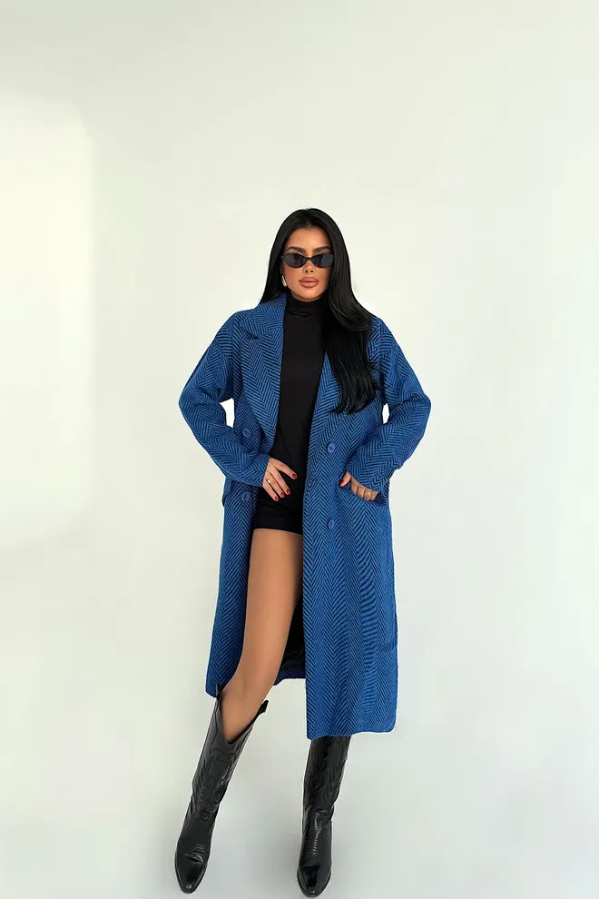 EYYO ATELIER Blue Single Breasted Herringbone Coat Wholesale Clothing 1