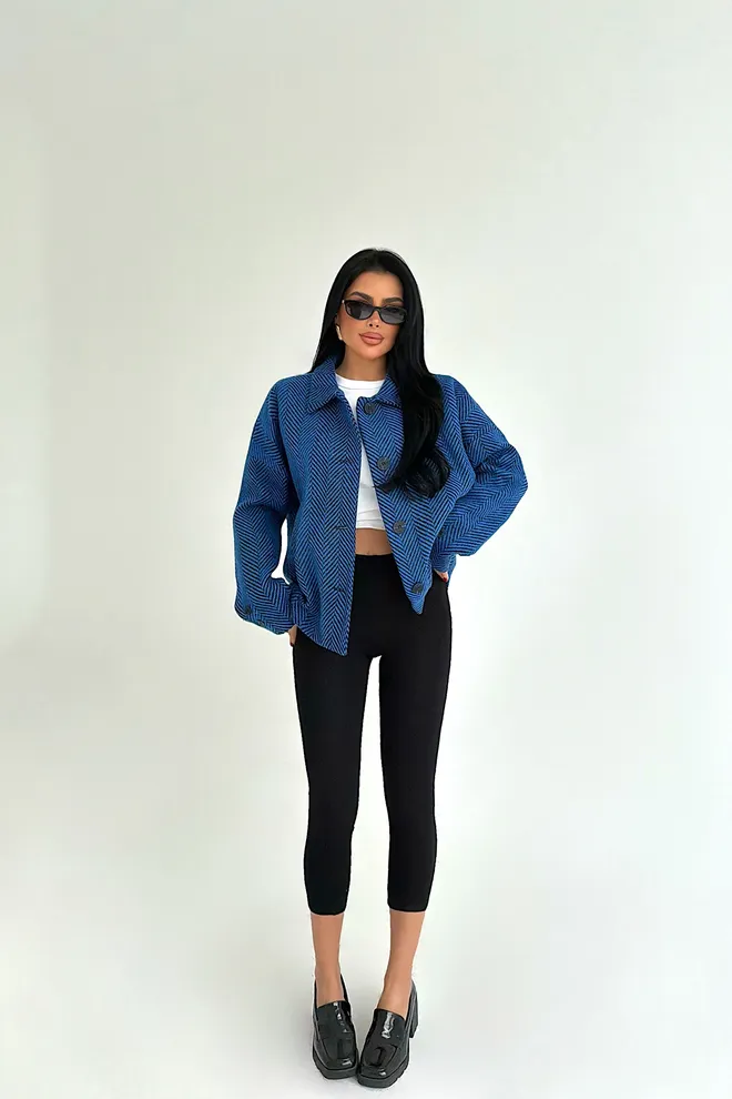 EYYO ATELIER Blue Overshirt Jacket With Herringbone Pattern Wholesale Clothing 1