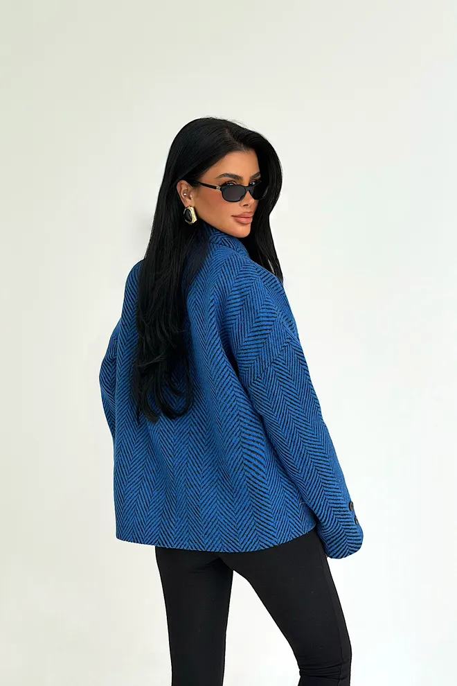 EYYO ATELIER Blue Overshirt Jacket With Herringbone Pattern Wholesale Clothing Lounge