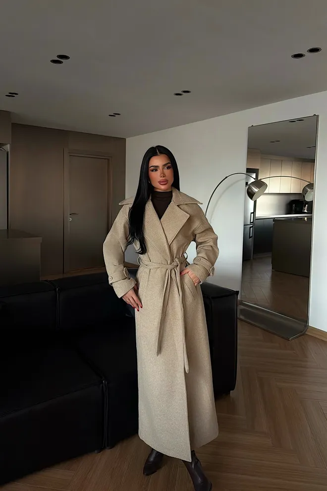 EYYO ATELIER Beige Wrapover Elegant Coat With Notched Collar Wholesale Clothing Work