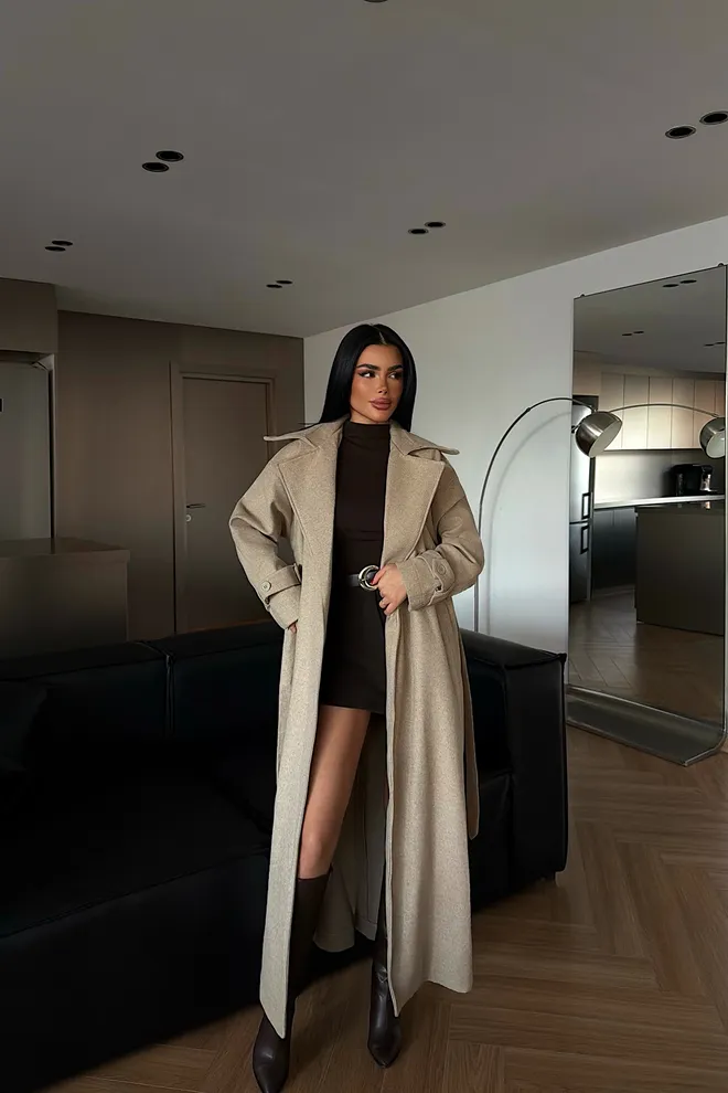 EYYO ATELIER Beige Wrapover Elegant Coat With Notched Collar Wholesale Clothing 1