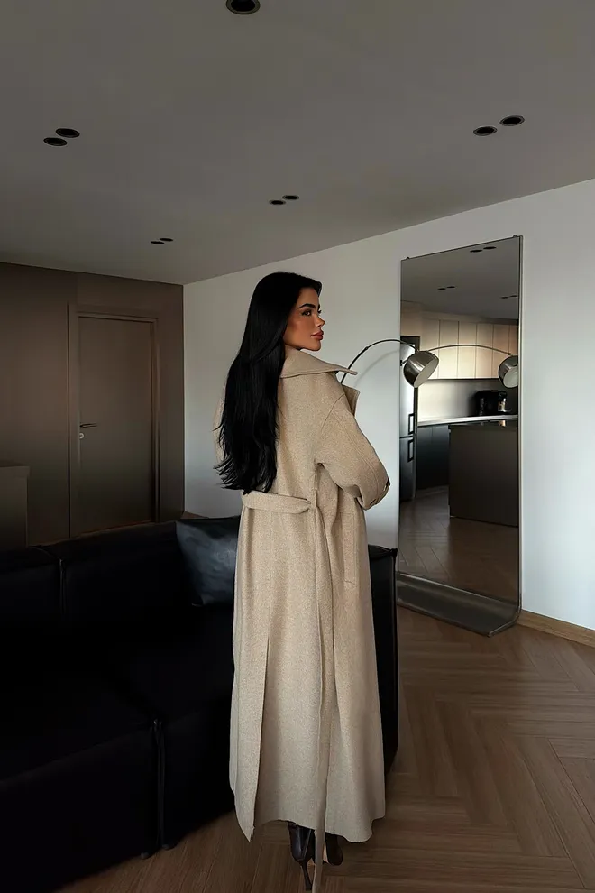 EYYO ATELIER Beige Wrapover Elegant Coat With Notched Collar Wholesale Clothing Fall