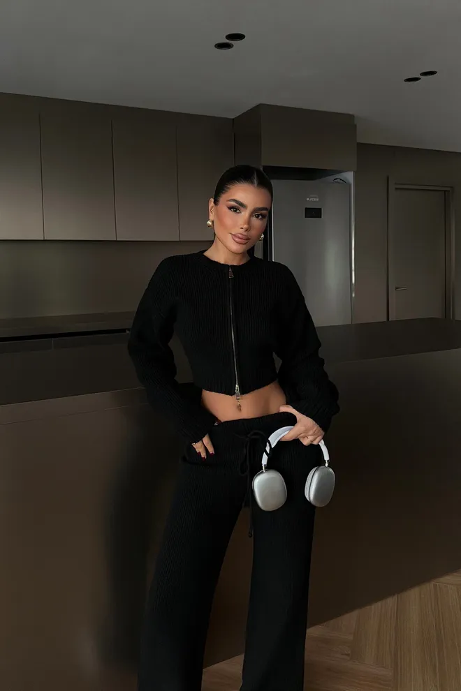 EYYO ATELIER Black Stylish Zip Up Palazzo Set Wholesale Clothing 1